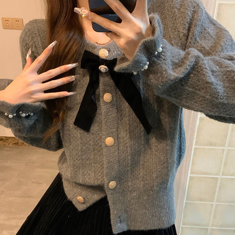 秋冬灰色圆领毛衣女蝴蝶结针织开衫外套亮丝钉珠小香风洋气上衣,淘宝优惠券,粉丝福利购,淘宝优惠卷