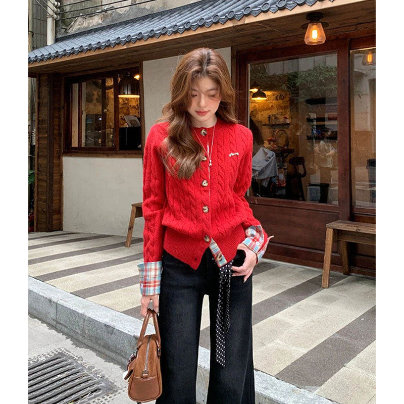 学院风格子拼接本命年穿搭红色毛衣开衫女秋冬加厚慵懒风针织外套,淘宝优惠券,粉丝福利购,淘宝优惠卷