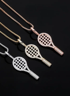 925银网球拍吊坠满锆石女款嘻哈个性项链饰品热卖