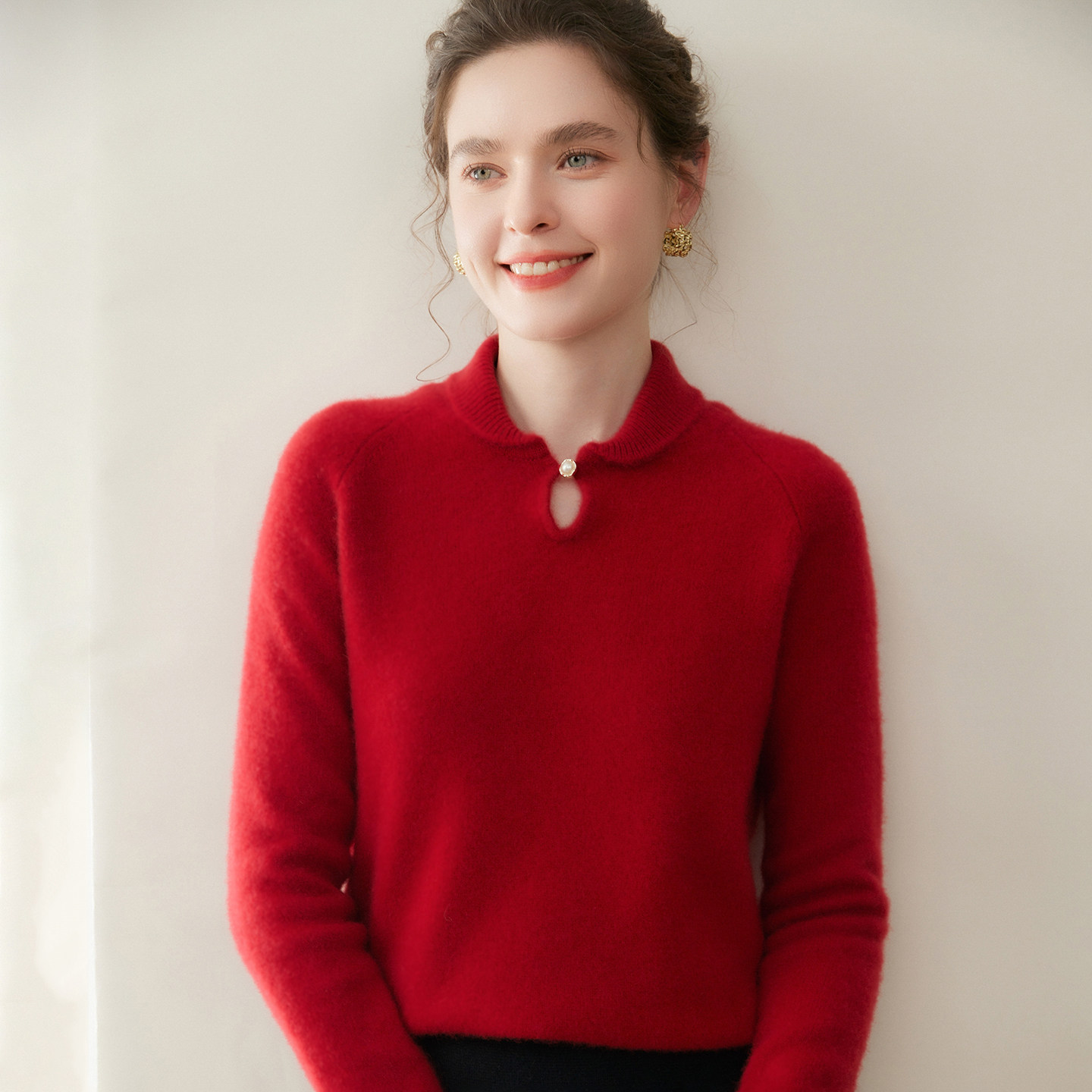 新中式穿搭~水滴领山羊绒衫女宽松显瘦套头毛衣长袖针织衫打底,淘宝优惠券,粉丝福利购,淘宝优惠卷