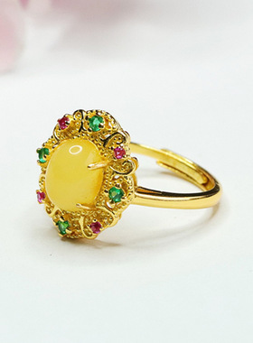 天然琥珀戒指蜜蜡指环指圈宫廷风首饰女士复古民族风饰品时尚礼物