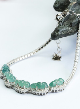 S925银镶天然A货翡翠手链四季豆冰种蓝水新中式民族风手饰品礼物