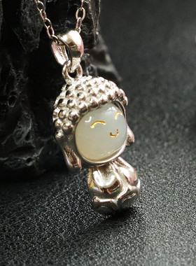 S925银镶天然和田玉吊坠宝宝佛珠宝 复古风女士吉祥纳福礼物饰品