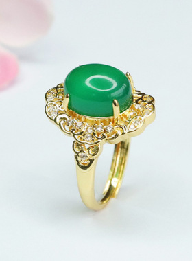 冰种绿玉髓戒指玛瑙指环宫廷风首饰新中式民族风手饰品女士款礼物