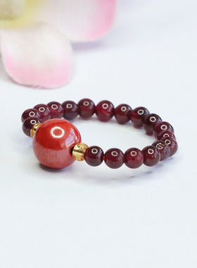 朱砂戒指8mm帝王砂圆珠指环3mm石榴石指圈女士本命年百搭简约饰品