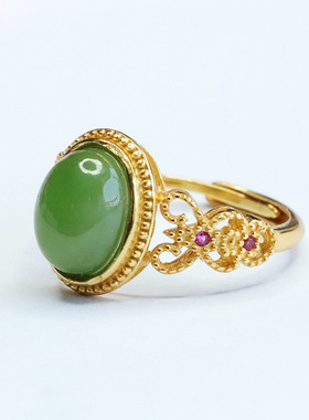 S925银镶天然和田玉戒指碧玉菠菜绿指环女士款气质简约复古风饰品