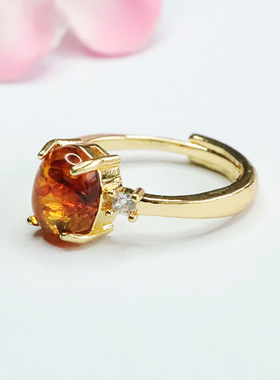 天然琥珀戒指花珀指环指圈女轻奢珠宝女士复古民族风饰品节日礼物