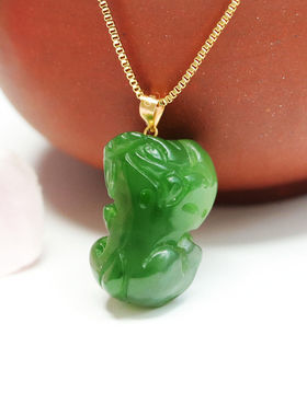 和田玉碧玉瑞兽貔貅18K金吊坠俄料菠菜绿项链玉石珠宝饰品女士款