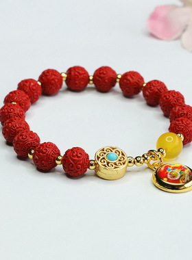 朱砂龙牌手串红砂回纹珠手链民族风本命年男女士吉祥纳福礼物饰品