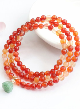 天然红玛瑙多圈手串连年有余男女士复古莲蓬流苏diy玉髓手链珠宝