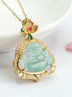 925银镶天然翡翠冰种佛公吊坠蓝水玉石花开见佛弥勒笑佛女士项链
