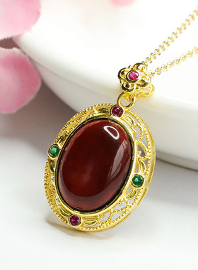 天然琥珀吊坠血珀蛋面项链挂件复古风女士气质简约饰品礼物锁骨链