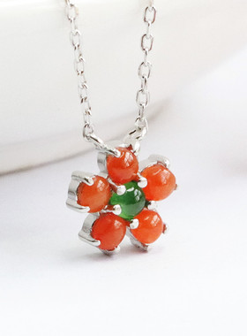 S925银镶翡翠冰种花花款吊坠红翡冰种帝王绿珠宝甜美可爱女士款