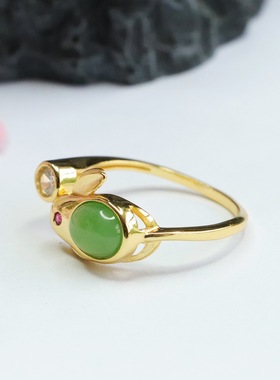 S925银镶天然和田玉戒指碧玉兔年指环复古风本命年男女士时尚饰品