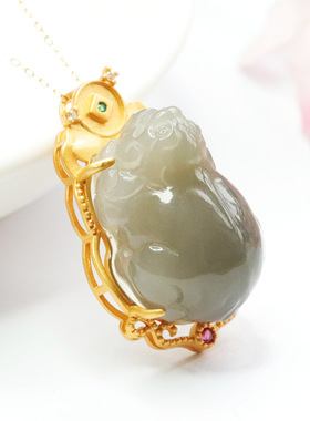 S925银镶天然和田玉吊坠烟紫招财进宝貔貅珠宝男女复古民族风饰品