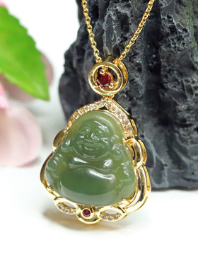 和田玉碧玉弥勒佛吊坠福伴一生佛公项链珠宝玉石玉器复古风女士款