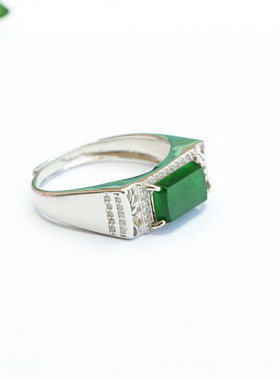 S925银镶天然翡翠戒指冰种辣阳绿马鞍男女士复古民族风饰品礼物