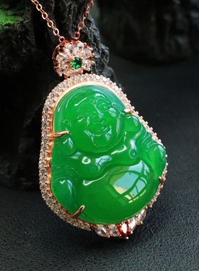绿玉髓吊坠冰种玛瑙福伴一生佛公珠宝女士复古风弥勒笑佛饰品礼品