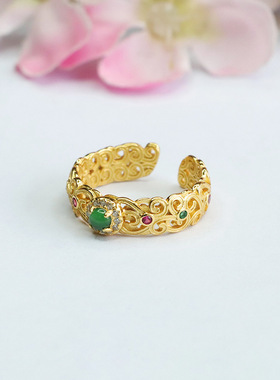 S925银镶天然翡翠戒指冰种帝王绿国潮指环民族风男女士礼物手饰品