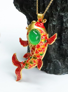 冰种帝王绿锦鲤吊坠玛瑙珐琅金鱼项链复古连年有余男女士时尚饰品
