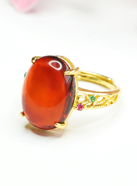 天然琥珀戒指血珀蛋面指环指圈女士复古民族风饰品时尚个性礼物