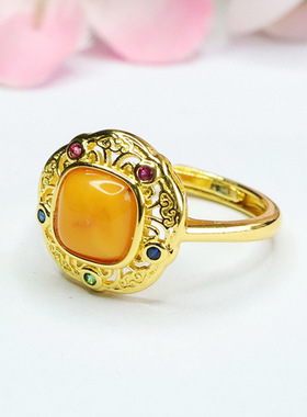 天然琥珀戒指满蜜老蜜蜡民族风指环指圈复古女士时尚简约礼物饰品