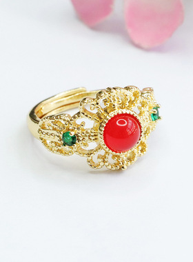 天然红玛瑙戒指帝王绿玉髓蛋面指环宫廷风民族风手饰品男女士礼物