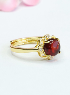 天然琥珀戒指血珀花瓣指环指圈新中式复古民族风手饰品女士款礼物