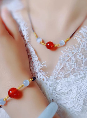 相思豆红玛瑙锁骨项链手串小红书同款ins风猫眼石女神款气质首饰