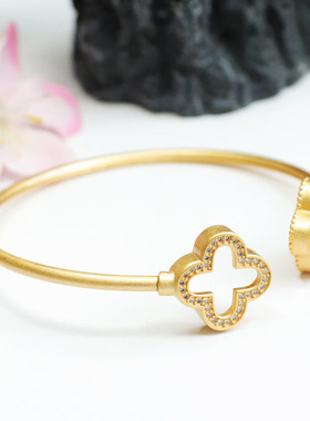 和田玉手环白玉四叶草14k包金手链手镯玉器珠宝女士时尚饰品礼物