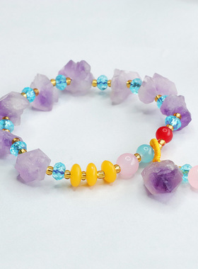 天然紫水晶原石黄色算盘珠款手链龙年九紫离火手串生肖龙女士礼品