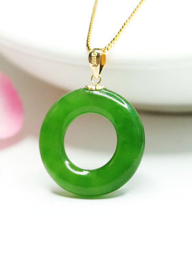 和田玉碧玉平安环18K金吊坠俄料菠菜绿项链玉石珠宝时尚简约饰品