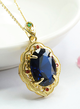 培育尖晶石项链蓝色宝石吊坠时尚珠宝女士复古民族风饰品时尚礼物