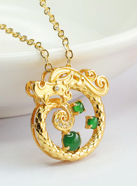 S925银镶天然翡翠龙吊坠冰种帝王绿项链男女士本命年百搭简约饰品