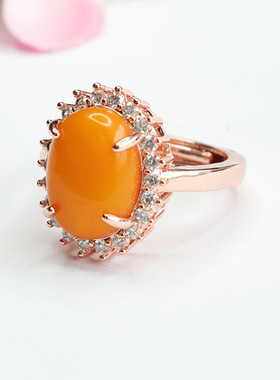 天然琥珀戒指满蜜满蜡蜜蜡蛋面指环指圈女士复古民族风饰品礼物