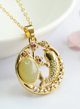 天然和田玉吊坠晴水蛋面玉石鱼跃龙门项链古风首饰女士百搭饰品
