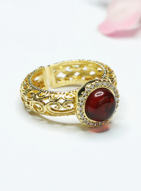 天然琥珀戒指血珀指环复古珠宝首饰女士款礼品气质文雅大气饰品