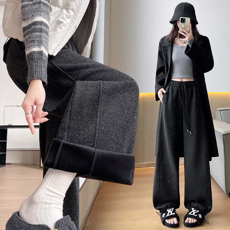 阔腿裤女秋冬季2025新款双色加绒加厚亮片螺纹高腰百搭休闲香蕉裤,淘宝优惠券,粉丝福利购,淘宝优惠卷