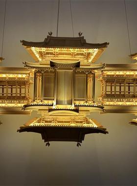 中式木雕仿古建筑平等院凤凰堂全实木悬挂镜像倒影软装造景饰品灯