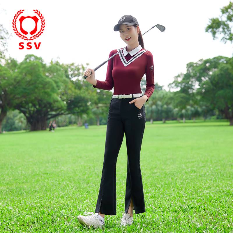 SSV高尔夫服装秋冬新款韩版酒红色长袖上衣黑色喇叭裤套装GOLF-图2