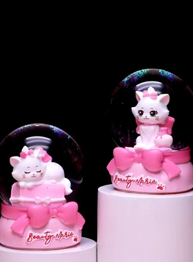卡通粉红玛丽小号水晶球盲盒创意动物猫咪发光心摆件女孩礼物