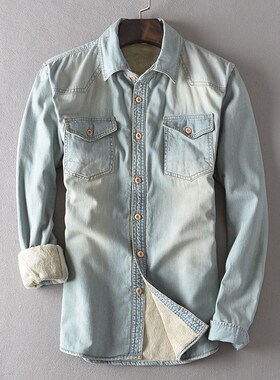 Plush men's long sleeved denim shirt Autumn and winter new