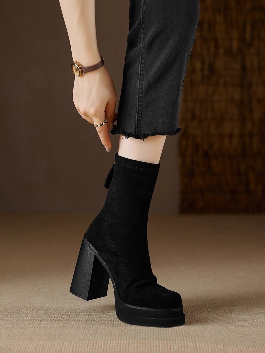 弹力瘦瘦靴粗跟短筒新款时尚百搭高跟鞋2026秋冬季袜靴厚底女靴子,淘宝优惠券,粉丝福利购,淘宝优惠卷