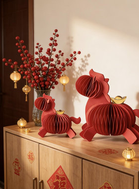 马到成功红色蜂窝发财马新年装饰摆件高颜值客厅玄关橱柜喜庆布置