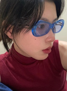 大媛家Sunny 韩版椭圆形蓝色墨镜猫眼太阳眼镜ins网红凹造型街拍