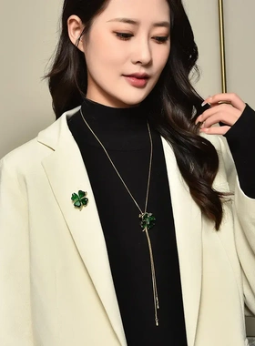 秋冬长款抽拉项链绿色四叶草