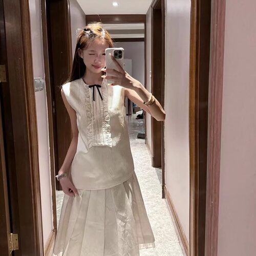 TE shushu网红同款新中式蝴蝶结衬衫上衣女千金风提花半身裙套装 - 图1
