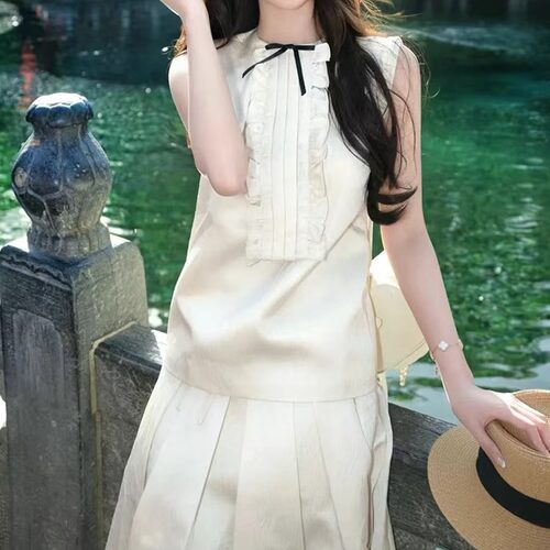 TE shushu网红同款新中式蝴蝶结衬衫上衣女千金风提花半身裙套装 - 图2