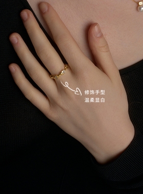 MARSEVEN 闪光的心2系列金色双爱心锆石戒指S925银小众可调节指环