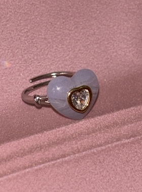 MARSEVEN 闪光的心2系列蓝纹玛瑙爱心戒指S925银百搭可调节指环